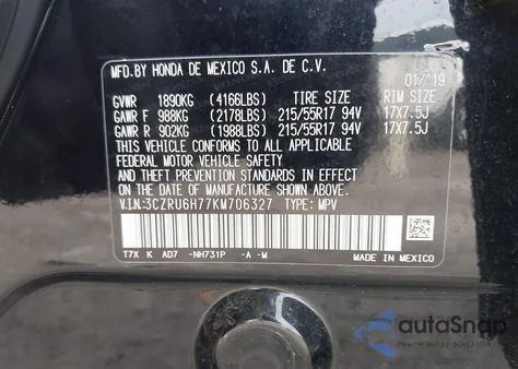 2019 Honda Hr-V Ex-L z USA, uszkodzony, nr VIN 3CZRU6H77KM706327